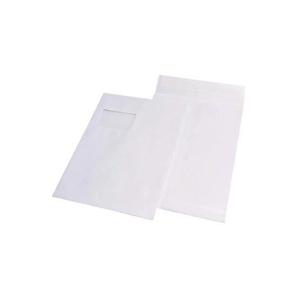 100 Faltentaschen DIN C4 229 x 324 x 20 mm - mit Fenster WEISS