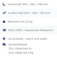 Karton 60x30x15 cm für DHL Päckchen M & DHL Paket bis 2 kg Versandkarton 600 x 300 x 150 mm Faltkarton Fefco 0201